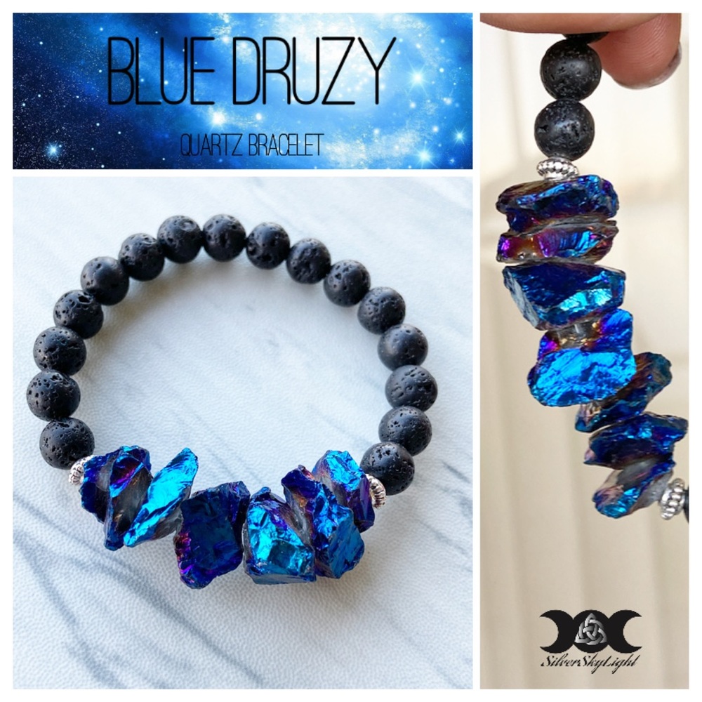 Blue Druzy Bracelet . Lava rock oil diffuser beads & blue druzy quartz stones - Picture 1 of 9